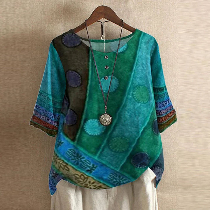 Side view of relaxed fit floral print blouse showing flowing silhouette and straight hem