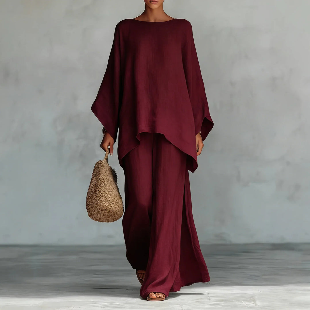 Full length view of women's linen two piece set with high rise wide leg pants