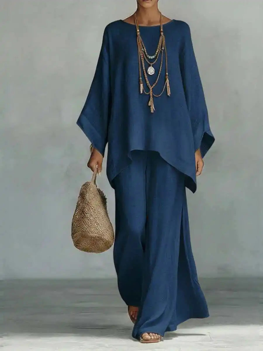 Women's linen two piece set styled with sandals showing relaxed casual outfit