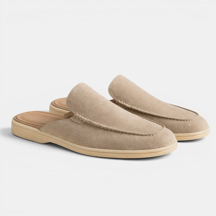 Men's slip-on suede mules in beige with cushioned sole and backless loafer design for casual wear