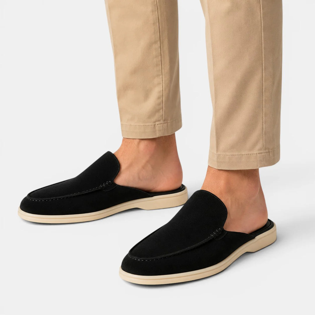 Men's casual mules in beige with rounded toe and easy on-off slip-on construction