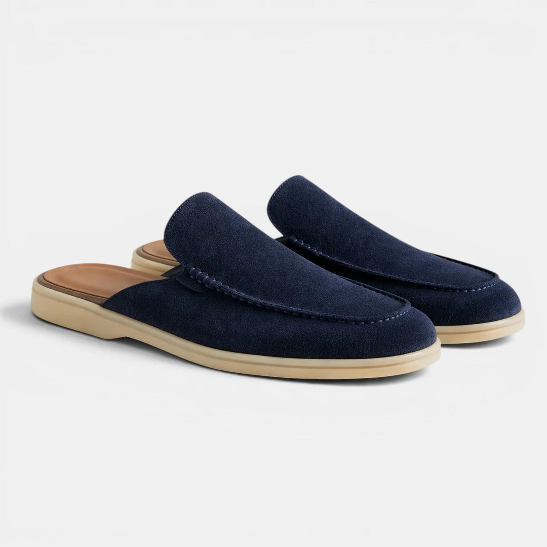 Men's beige suede mules from above showing roomy toe box and easy slip-on opening