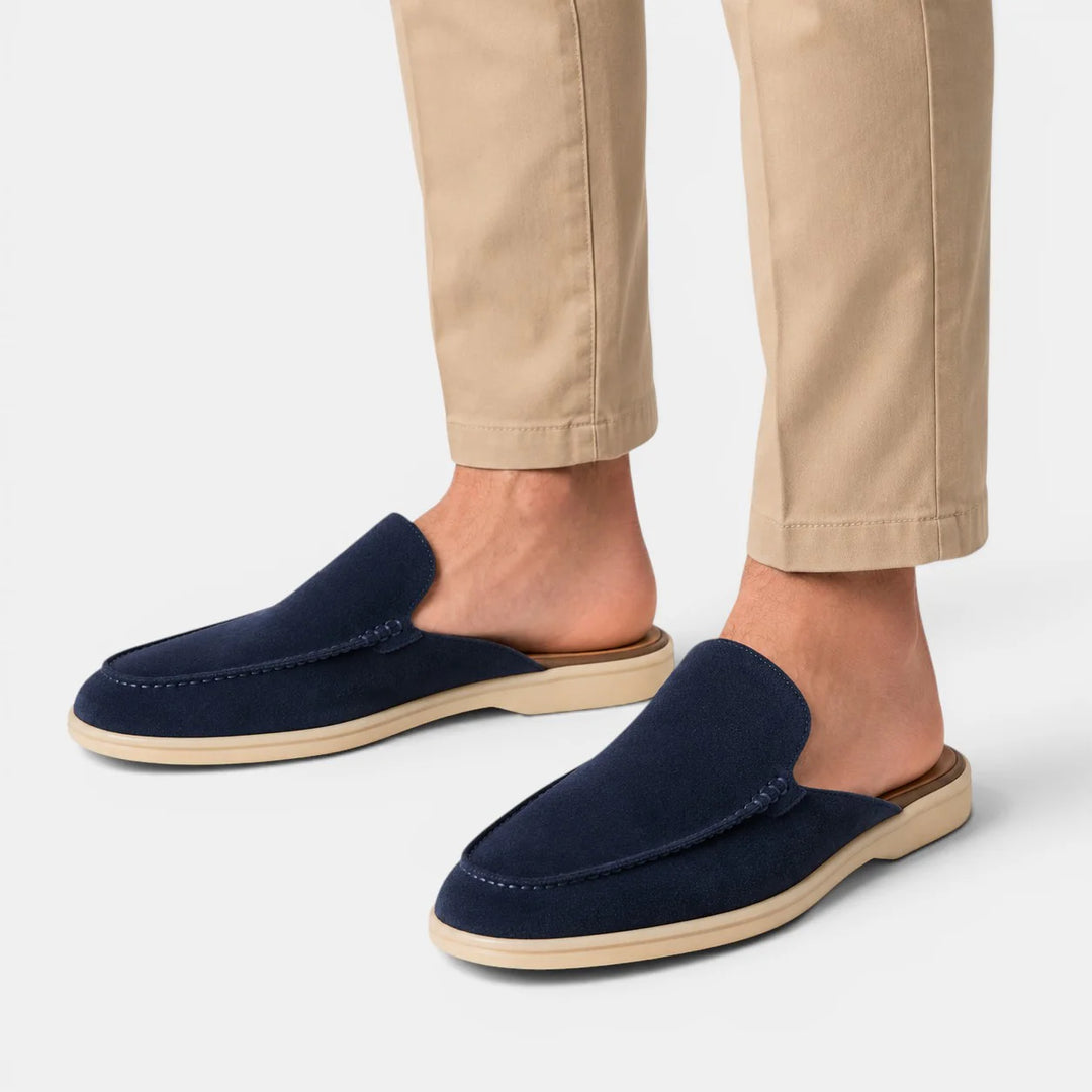 Rear view of men's casual mules with low-profile rubber sole and backless design