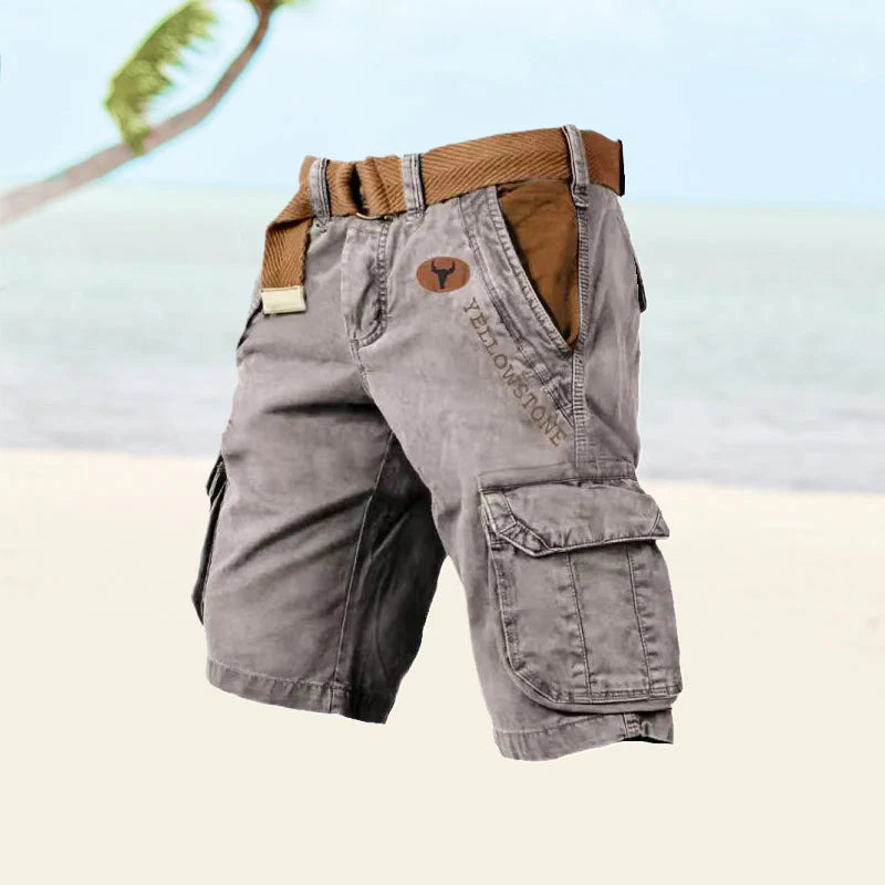 Men's gray cargo shorts with utility pockets and woven belt on neutral background
