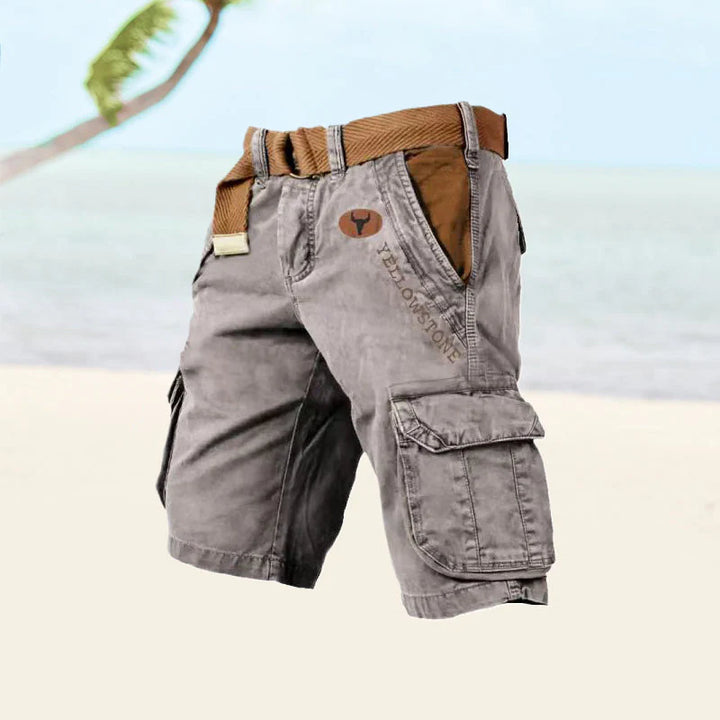 Men's gray cargo shorts with utility pockets and woven belt on neutral background