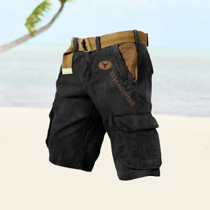 Side view of men's cargo shorts showing multiple flap pockets and relaxed fit