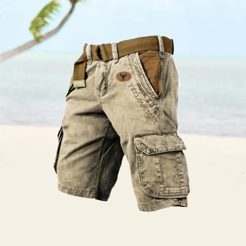 Close-up of cargo pocket detail with snap closure on men's shorts