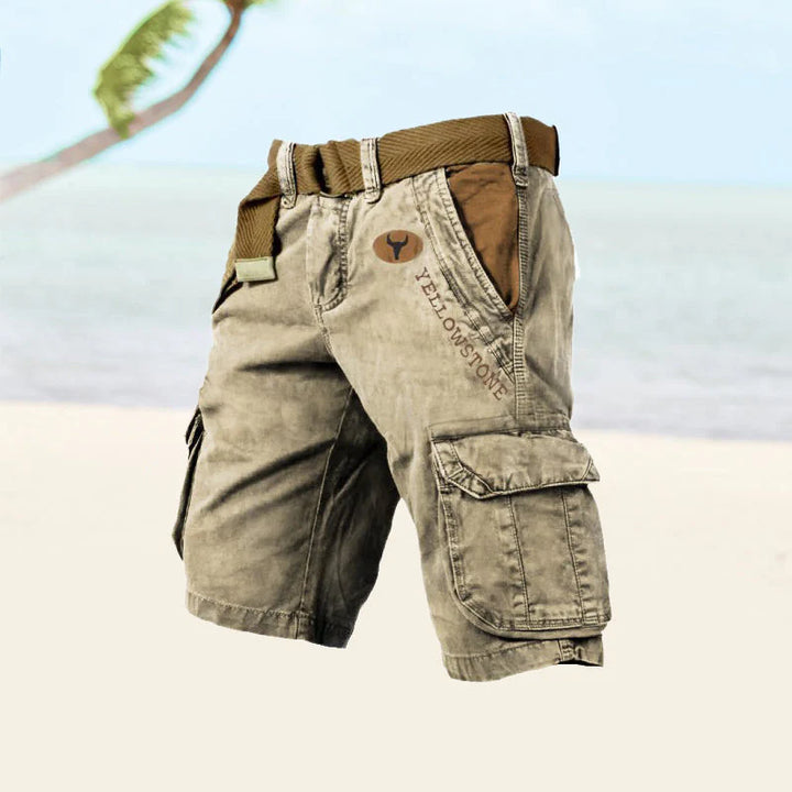 Close-up of cargo pocket detail with snap closure on men's shorts