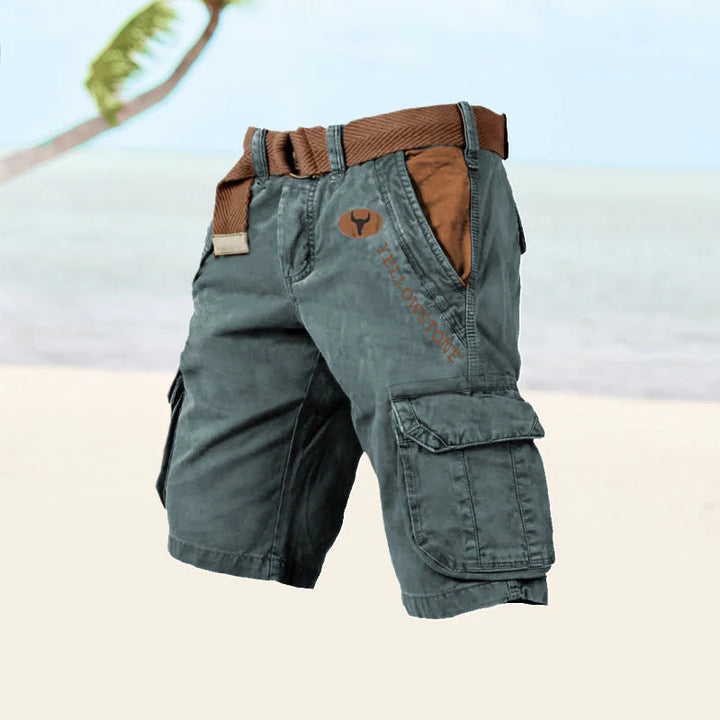 Full view of men's utility cargo shorts in gray with mid-thigh length