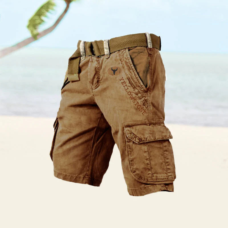 Detail of waistband and belt closure on men's cargo shorts