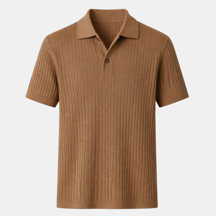 Men's ribbed knit polo shirt in camel brown with classic collar and short sleeves displayed on white background