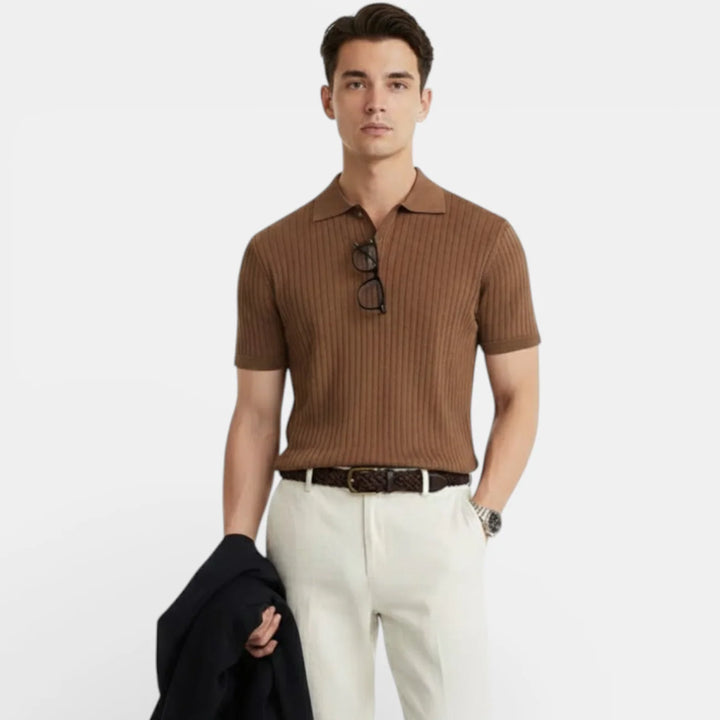 Close-up view of men's textured ribbed polo shirt showing vertical rib pattern and two-button placket