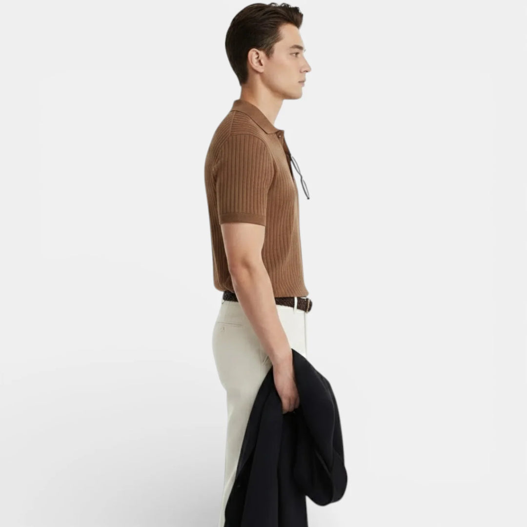 Men's camel brown ribbed polo shirt showing collar construction and relaxed fit silhouette