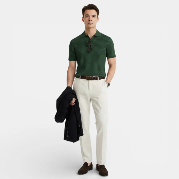 Back view of men's short sleeve polo shirt with vertical ribbed texture and straight hem