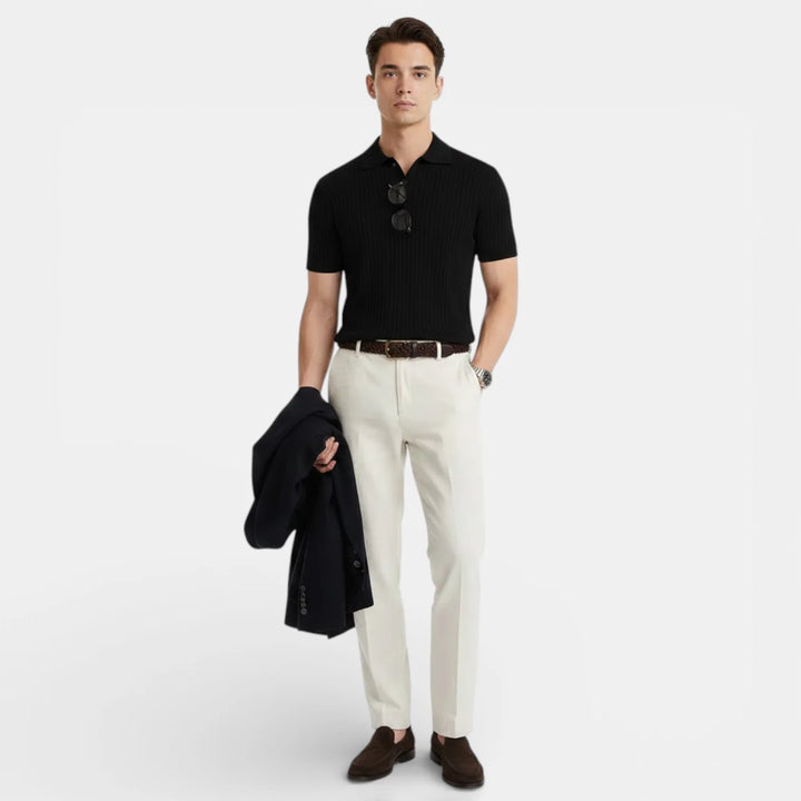 Full front view of men's ribbed knit polo with classic collar and casual fit design