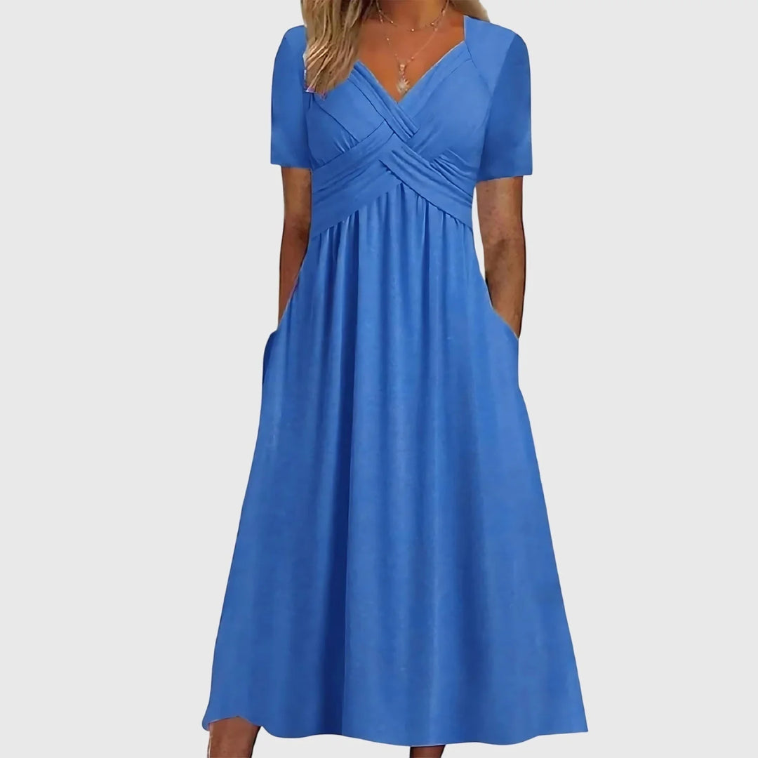 Full-length view of A-line midi dress with tummy control in green shade