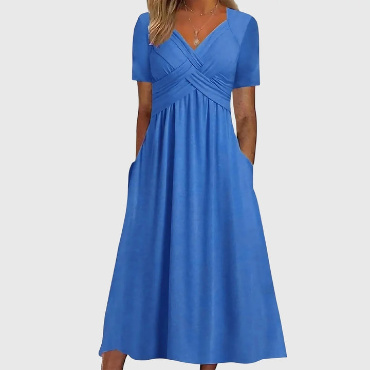 Full-length view of A-line midi dress with tummy control in green shade
