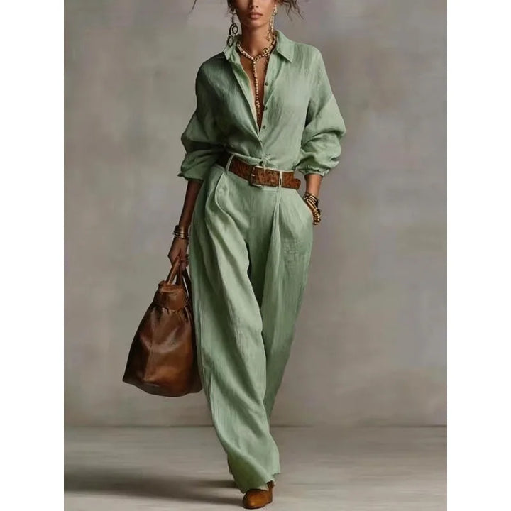Front view of a two-piece lounge set featuring a button-down shirt and fluid wide-leg pants