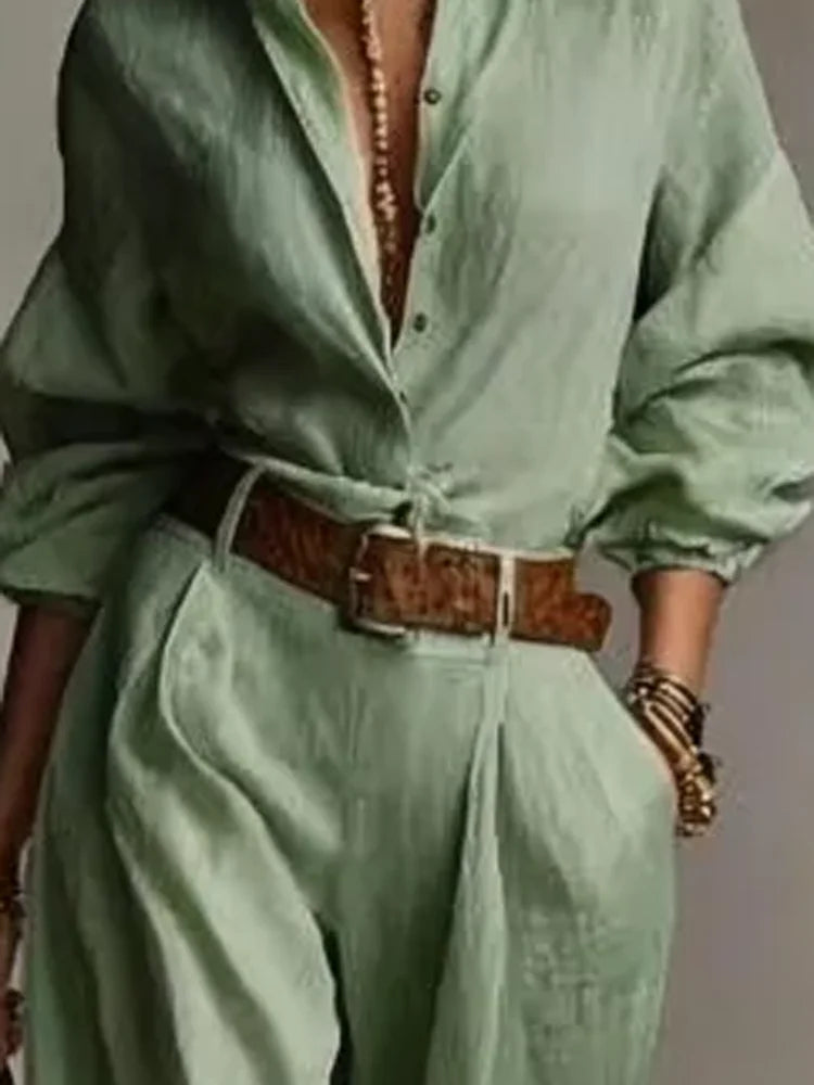 Side angle of a relaxed button-down lounge set with breathable fabric and tailored drape