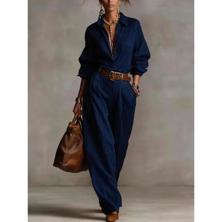 Detail of the button-front closure and collar on a two-piece lounge set shirt
