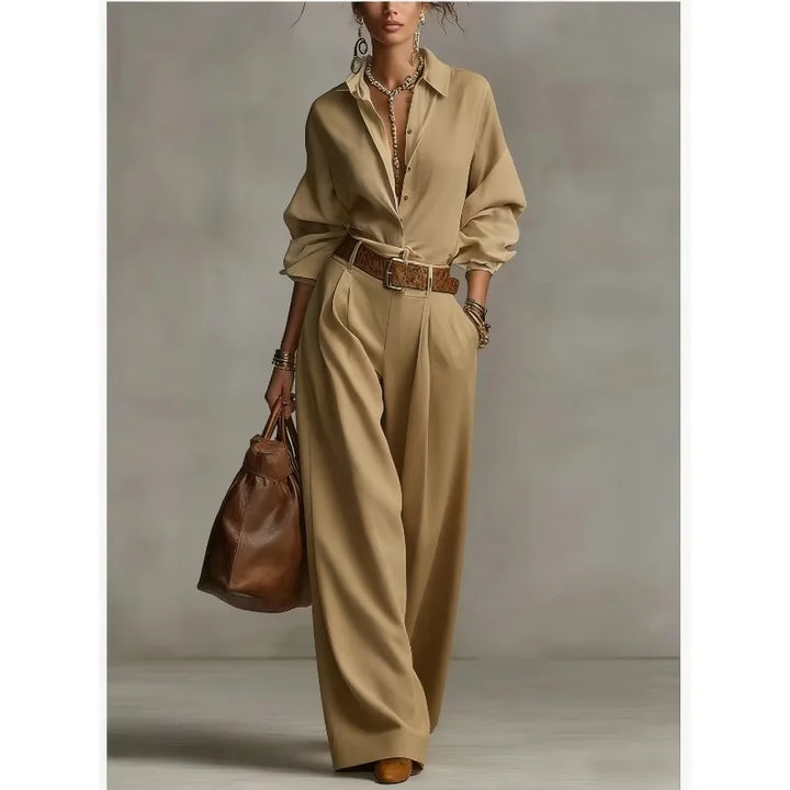 Full-length view of wide-leg pants and button-down shirt in a coordinated lounge set