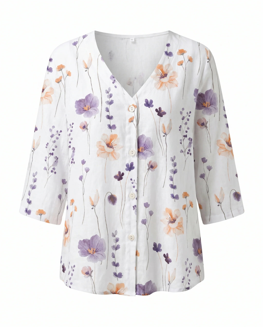 Floral V-neck blouse in soft fabric with three-quarter sleeves and casual silhouette.