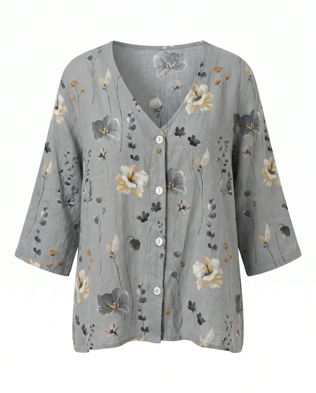 Three-quarter sleeve floral blouse with button-front closure and loose drape.