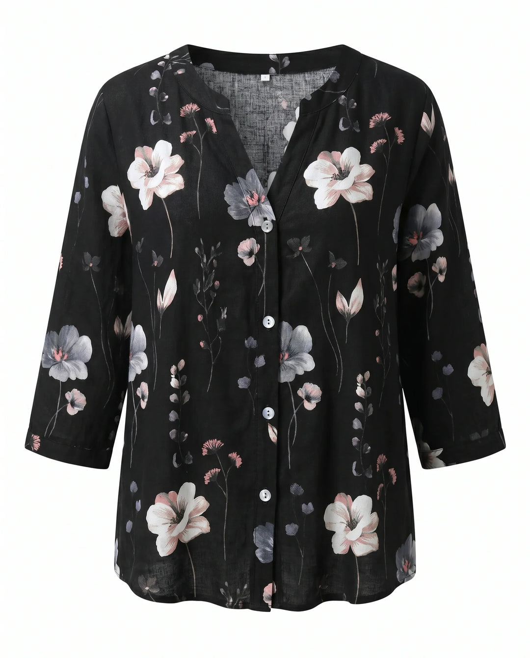 Relaxed fit floral blouse with three-quarter sleeves and soft breathable fabric.