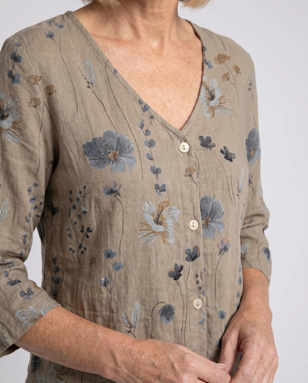 Women's floral print blouse with V-neckline and three-quarter sleeves for casual wear.
