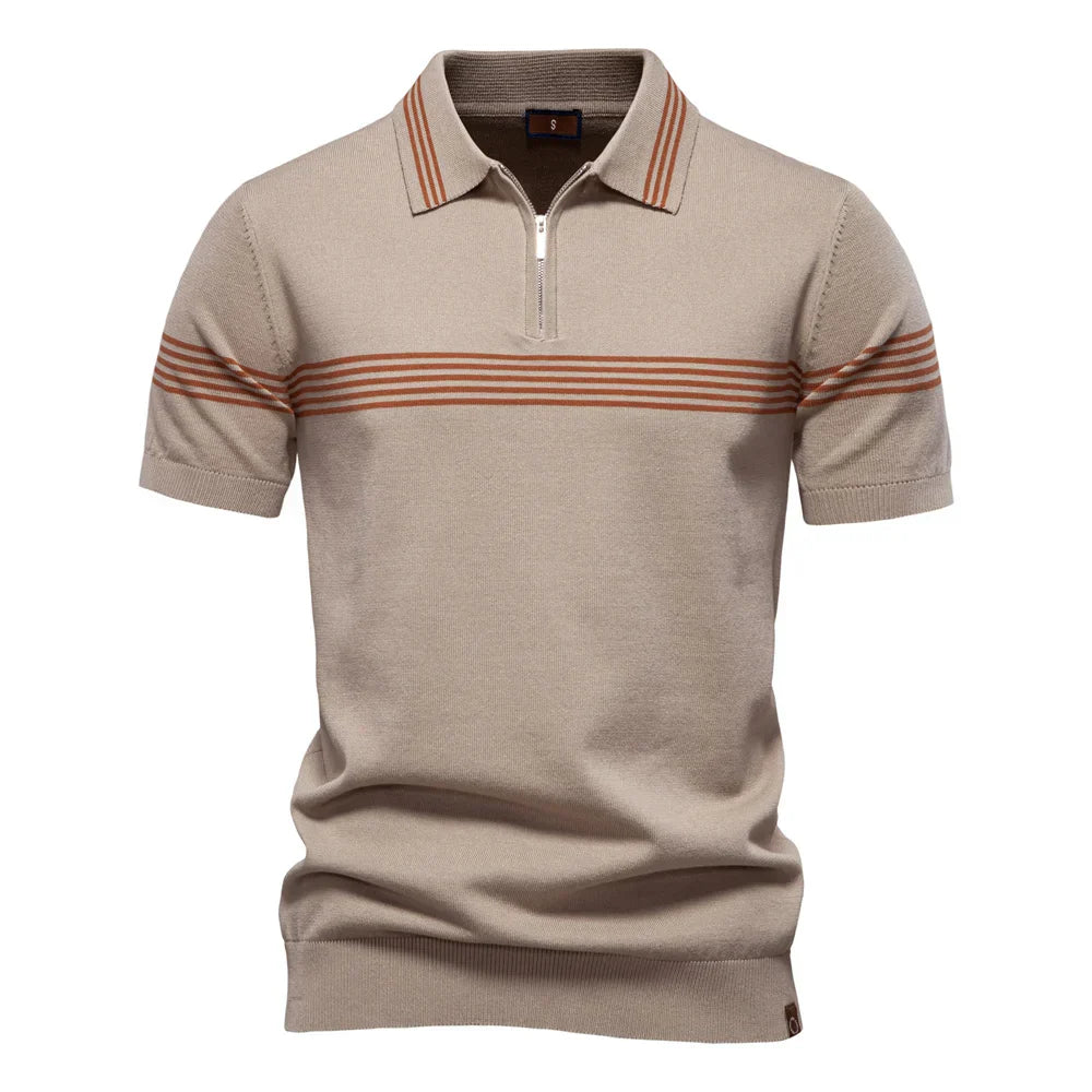 Men's short-sleeve zip polo shirt slim fit with stripes in beige with horizontal rust stripe detailing across chest