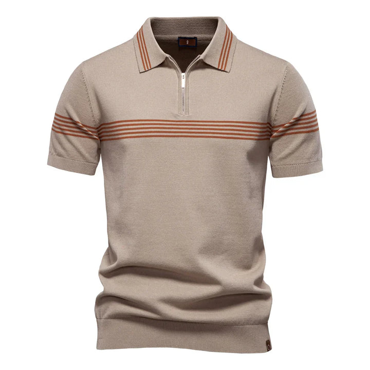 Men's short-sleeve zip polo shirt slim fit with stripes in beige with horizontal rust stripe detailing across chest