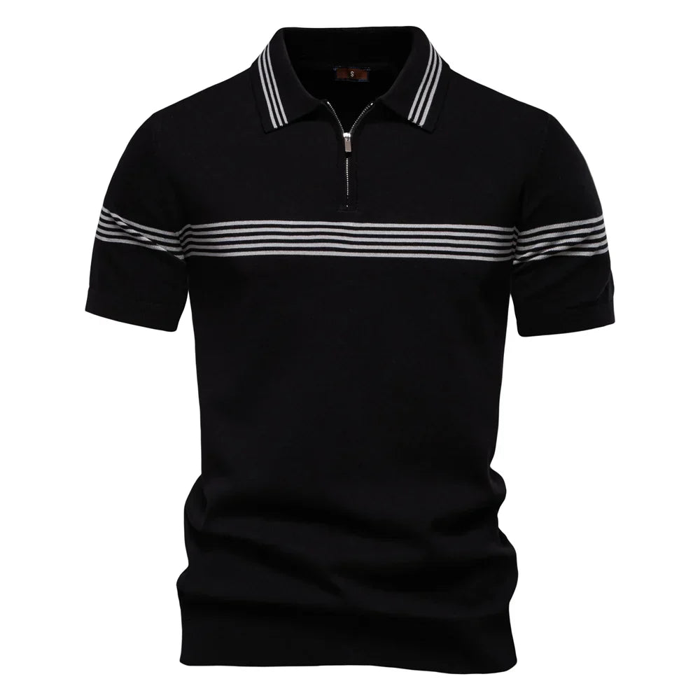 Close-up view of men's zip polo shirt showing quarter-zip closure and pointed collar with stripe trim