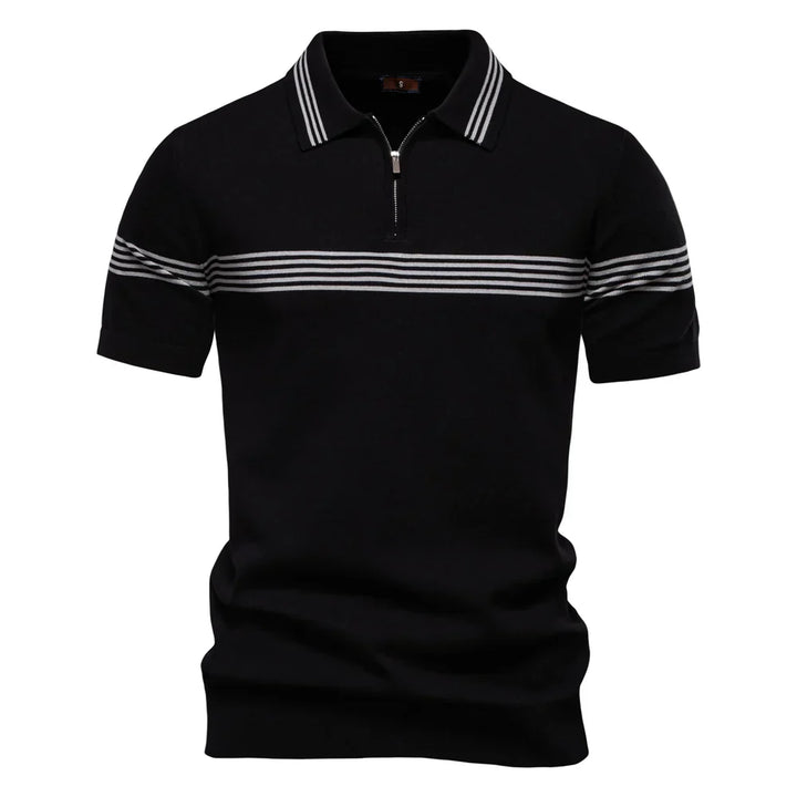 Close-up view of men's zip polo shirt showing quarter-zip closure and pointed collar with stripe trim