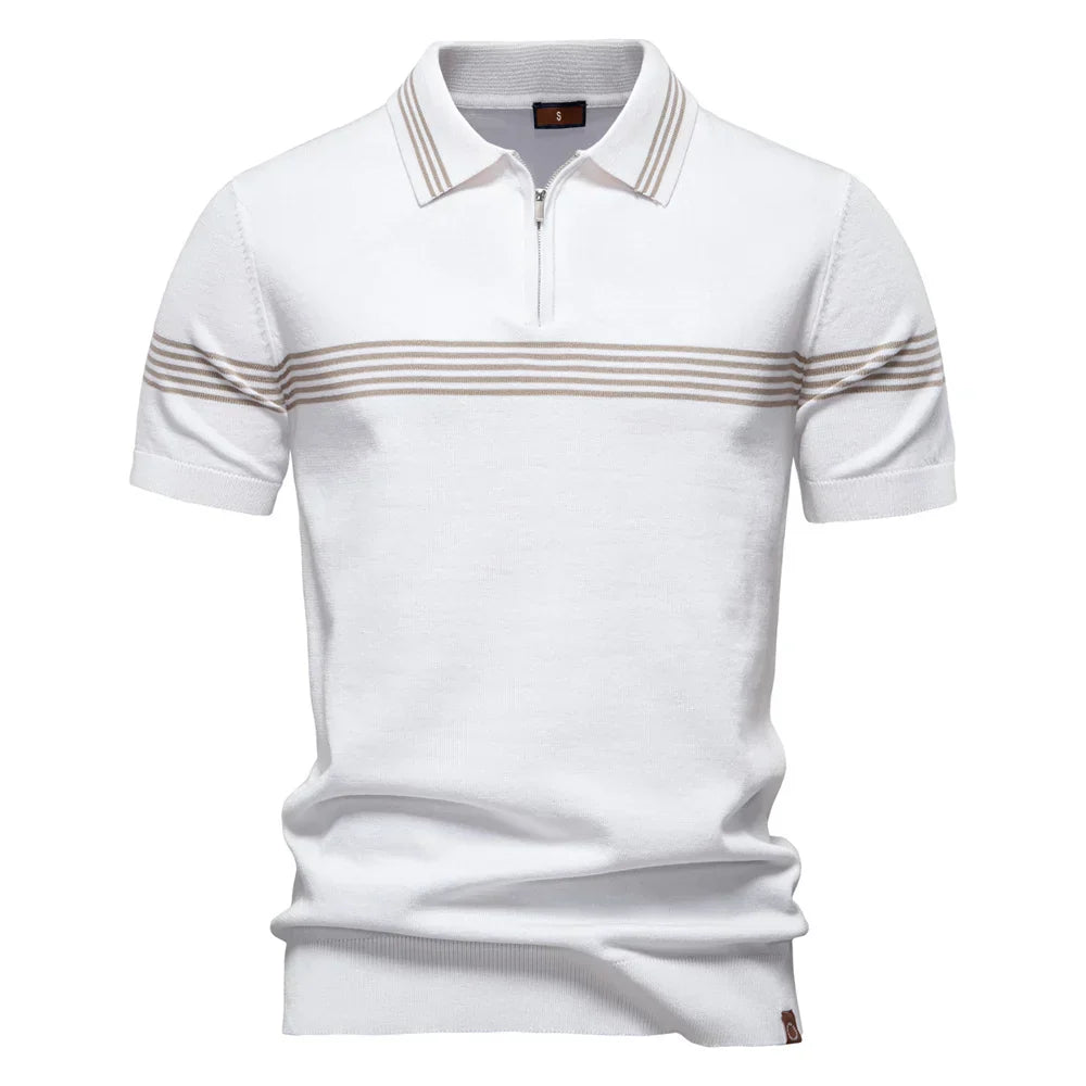 Side angle of men's slim fit polo shirt with horizontal stripes and ribbed sleeve hems