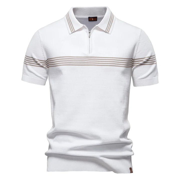 Side angle of men's slim fit polo shirt with horizontal stripes and ribbed sleeve hems
