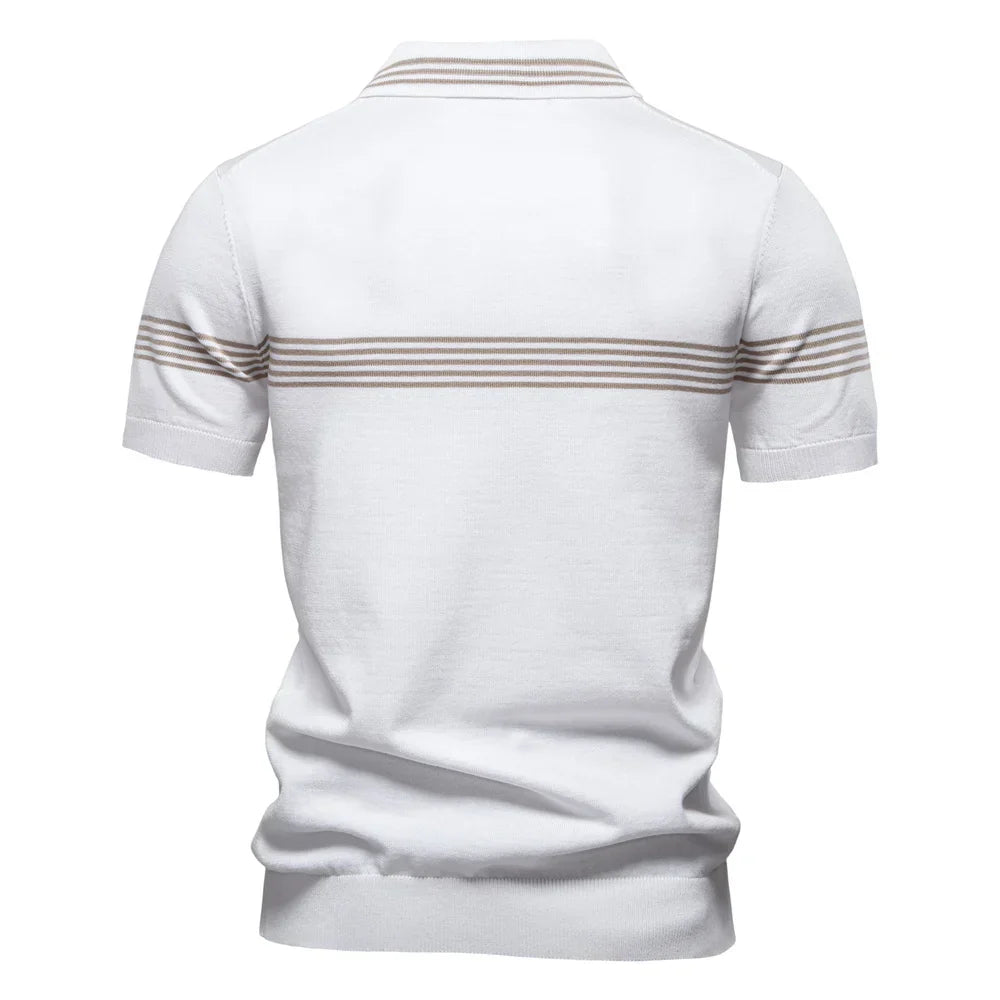 Detail shot of men's striped polo shirt showing smooth knit fabric texture and structured fit