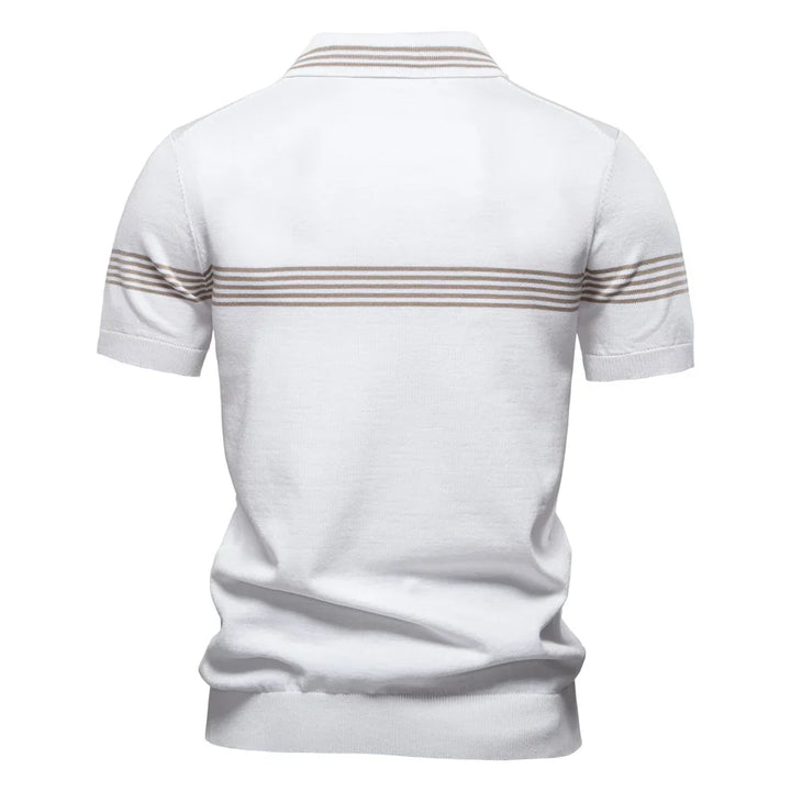 Detail shot of men's striped polo shirt showing smooth knit fabric texture and structured fit