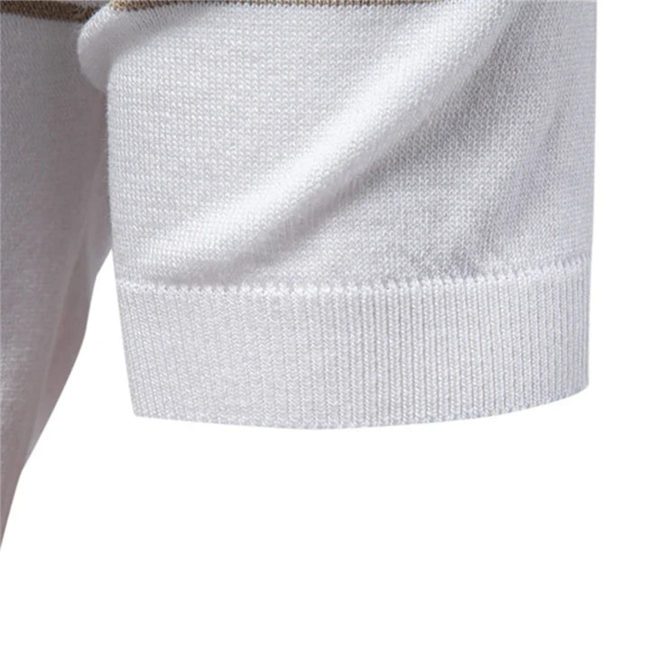 Men's striped zip polo shirt showing chest stripe pattern and quarter-zip front closure detail