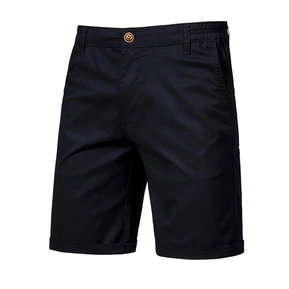Men's cuffed chino shorts in navy with mid-rise fit and rolled hem detail for casual summer wear