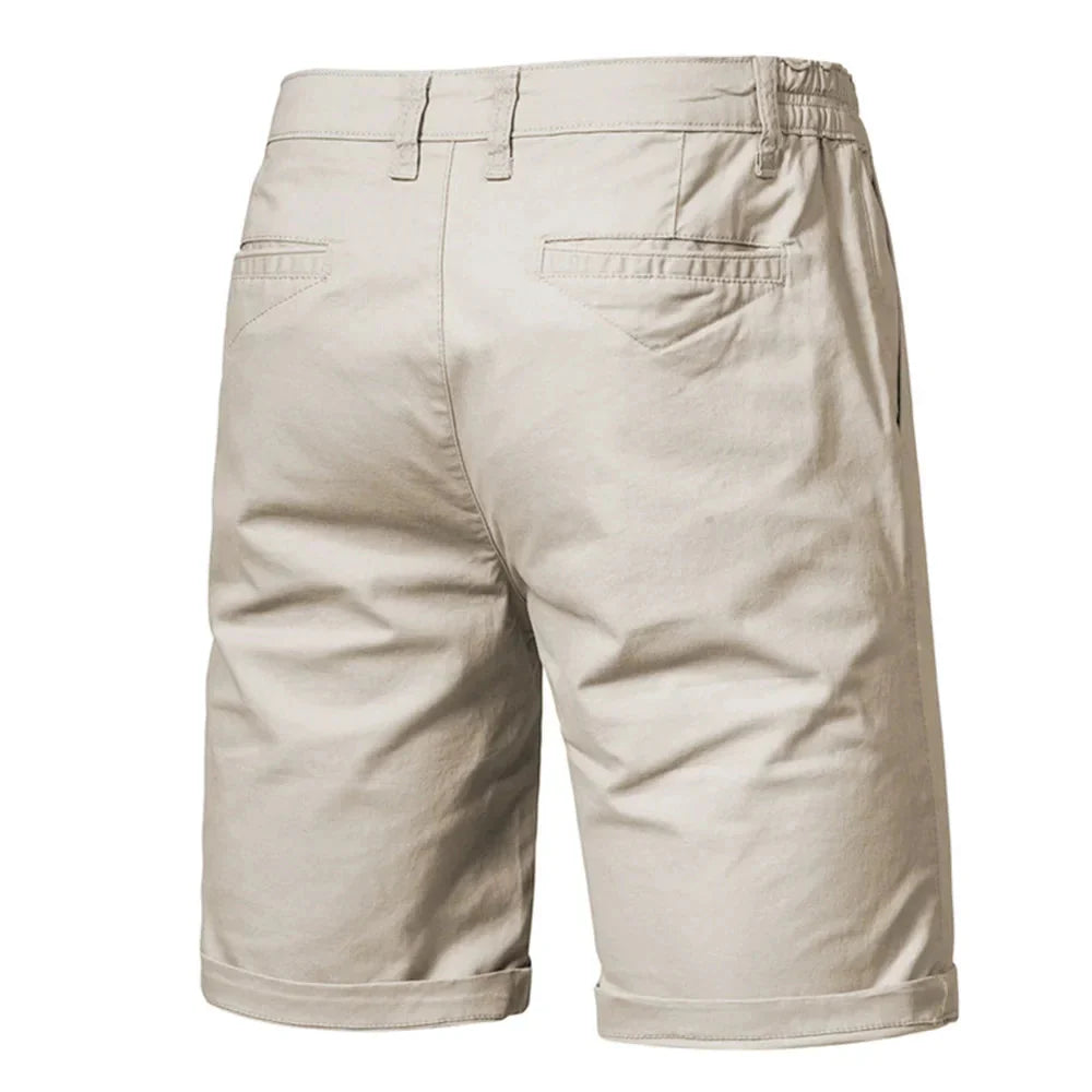 Side profile of men's mid-rise chino shorts showing comfortable fit through the leg