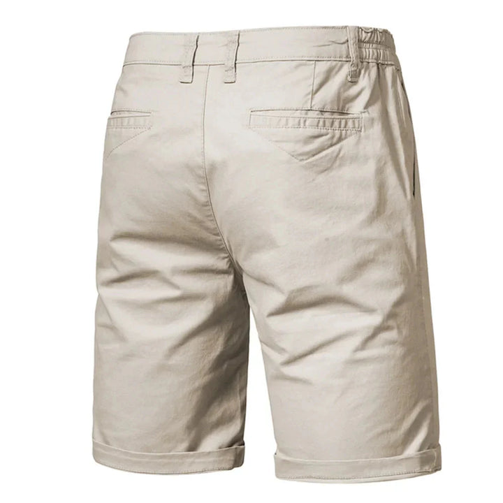 Side profile of men's mid-rise chino shorts showing comfortable fit through the leg
