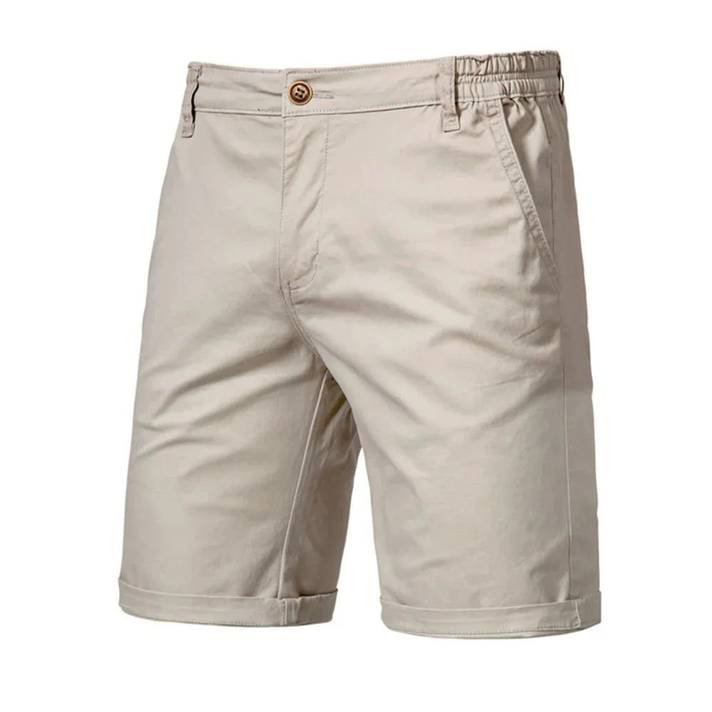 Front view of men's navy chino shorts showing button closure and clean-cut tailored design