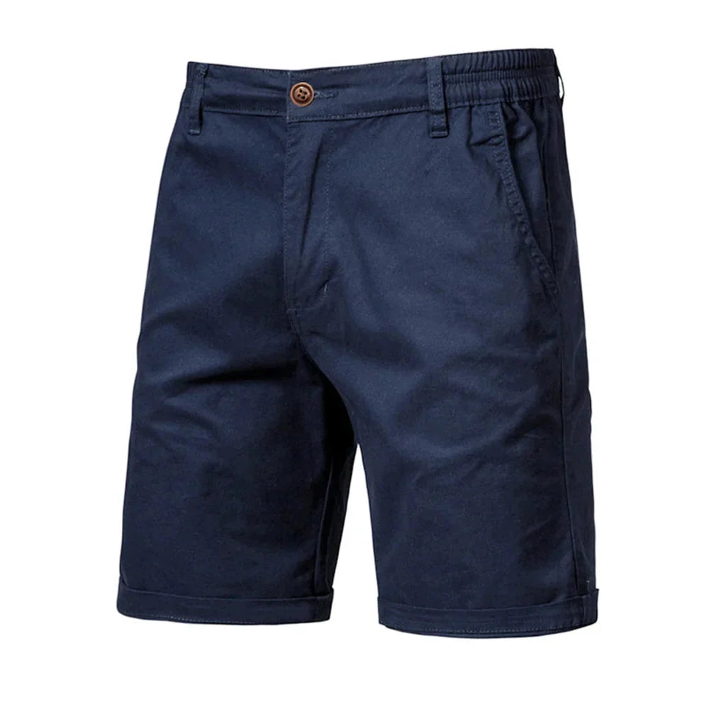 Detail shot of rolled cuff hem on men's chino shorts with belt loops at waistband