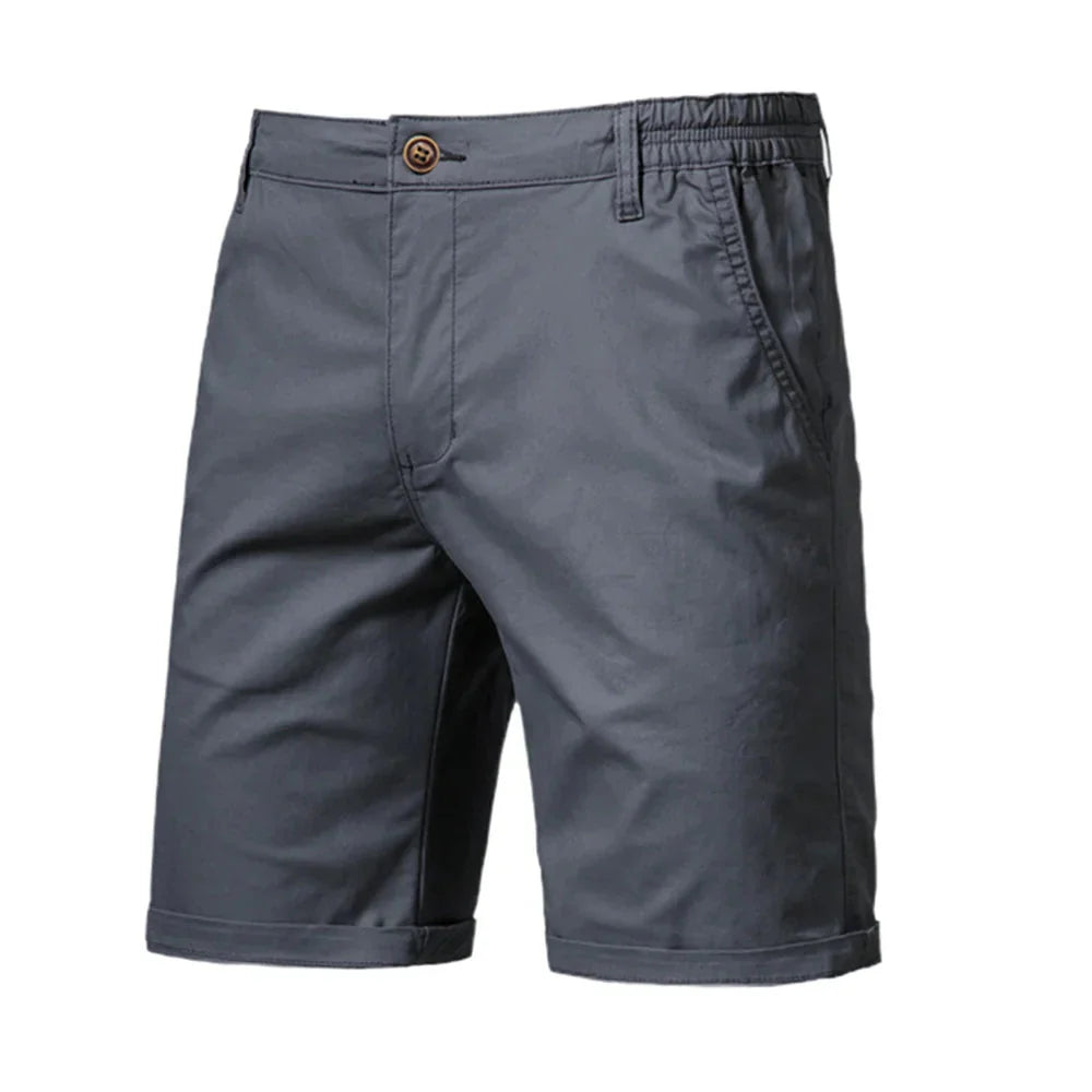Back view of men's cuffed chino shorts showing tailored construction and casual rolled hem