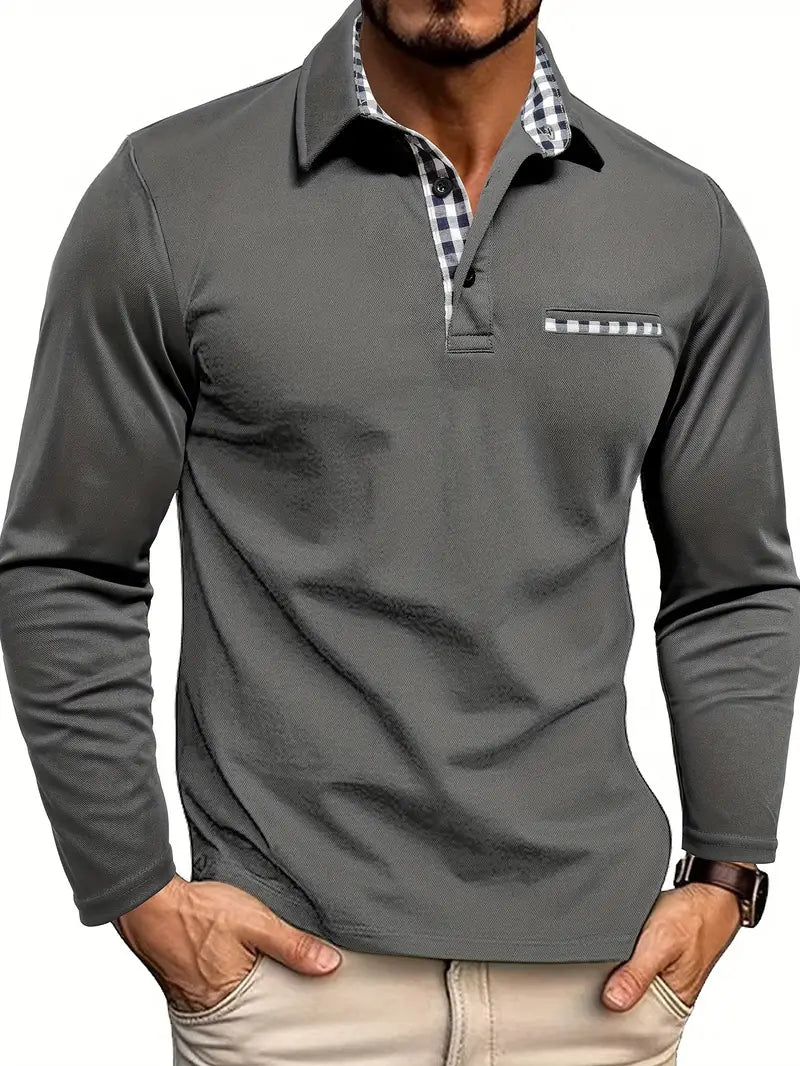 Men's long sleeve polo with contrast collar and zip placket in gray with gingham trim detail