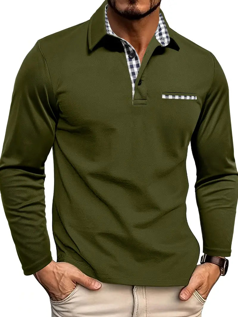 Side angle of men's long sleeve polo demonstrating regular fit and clean silhouette for smart-casual wear