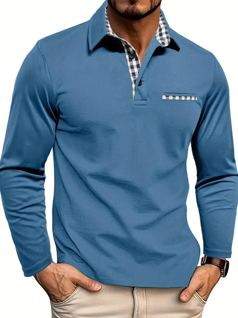 Detail shot of zip placket and gingham-patterned collar trim on men's polo shirt