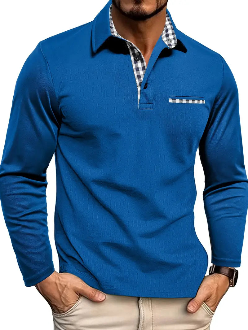 Men's long sleeve polo styled with chinos showing versatile everyday look for office or weekend wear