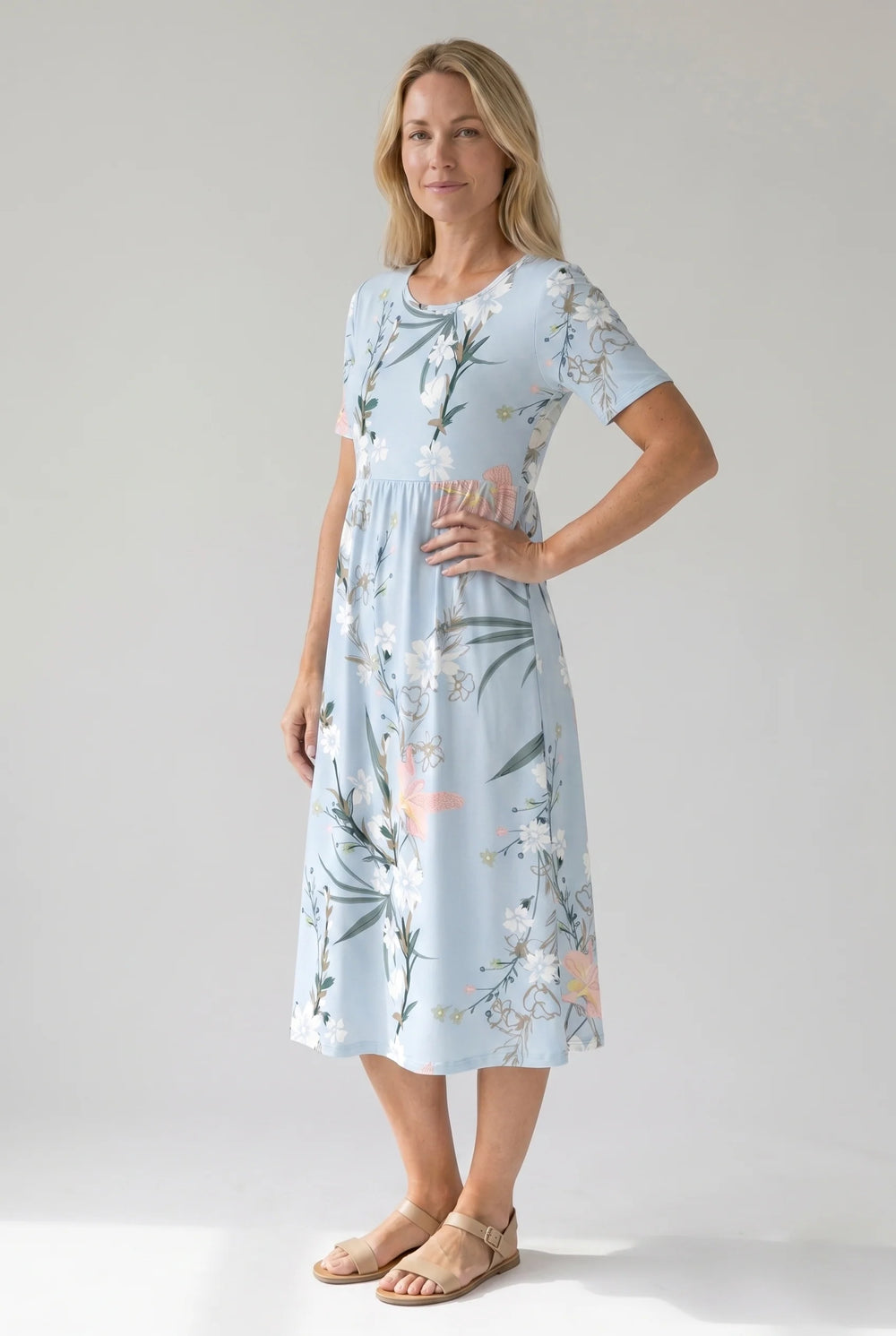 Close-up view of floral midi dress showing round neckline and white bloom print on light blue fabric