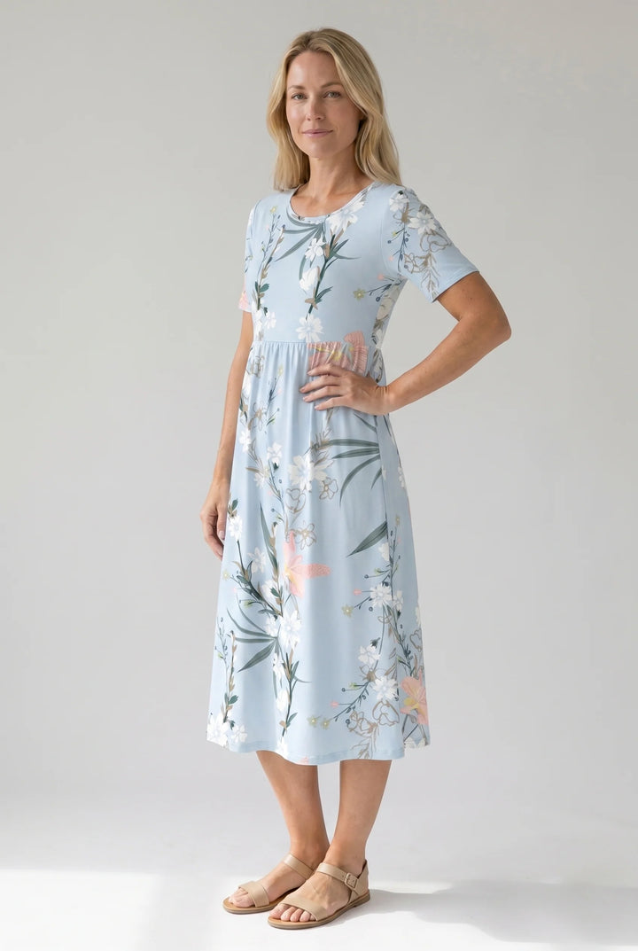 Close-up view of floral midi dress showing round neckline and white bloom print on light blue fabric